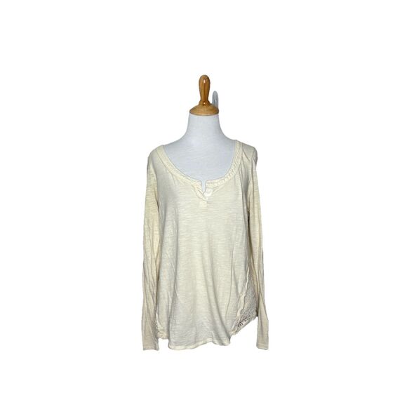 Free People Tops - Free People Patches of Lace Henley  Crochet Back Shirt Ivory Long Sleeve M
